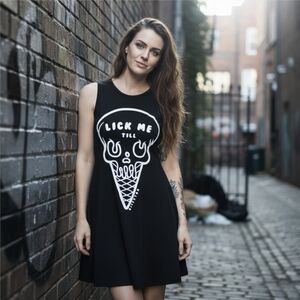 KILLSTAR “iScream” Skater Dress – Gothic Black Flock Skull Graphic, Soft Jersey